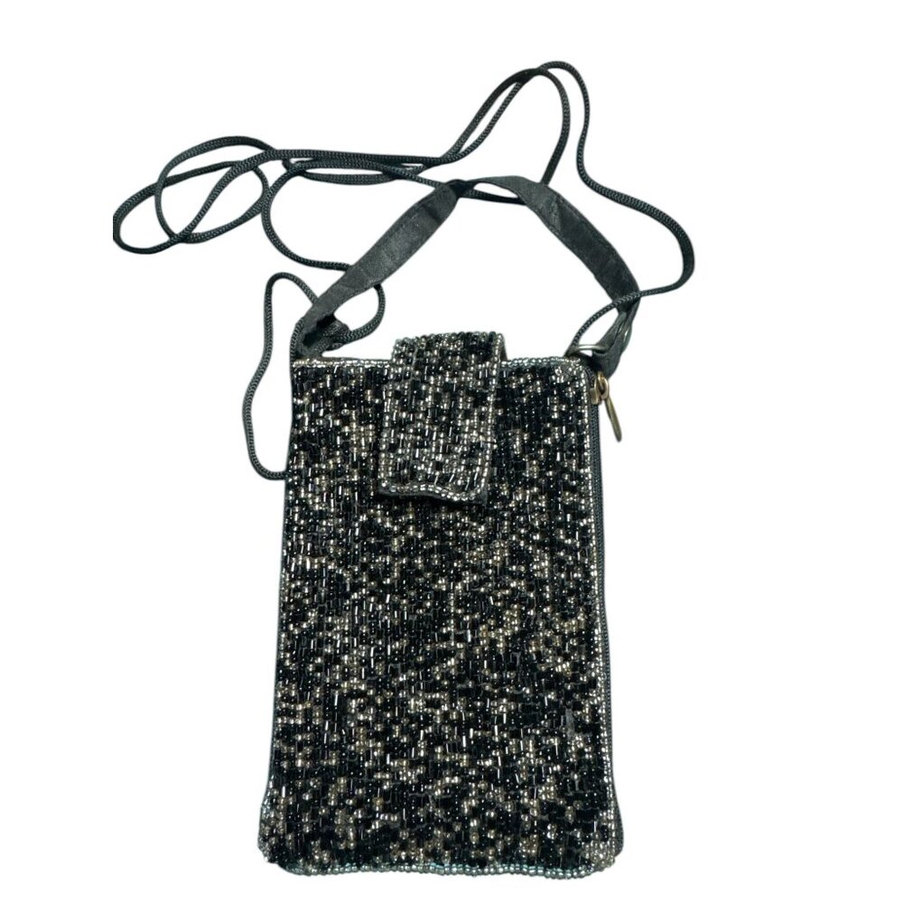 Bamboo Trading Co. Beaded Evening Bag – Black & Silver, Shoulder Strap, Elegant